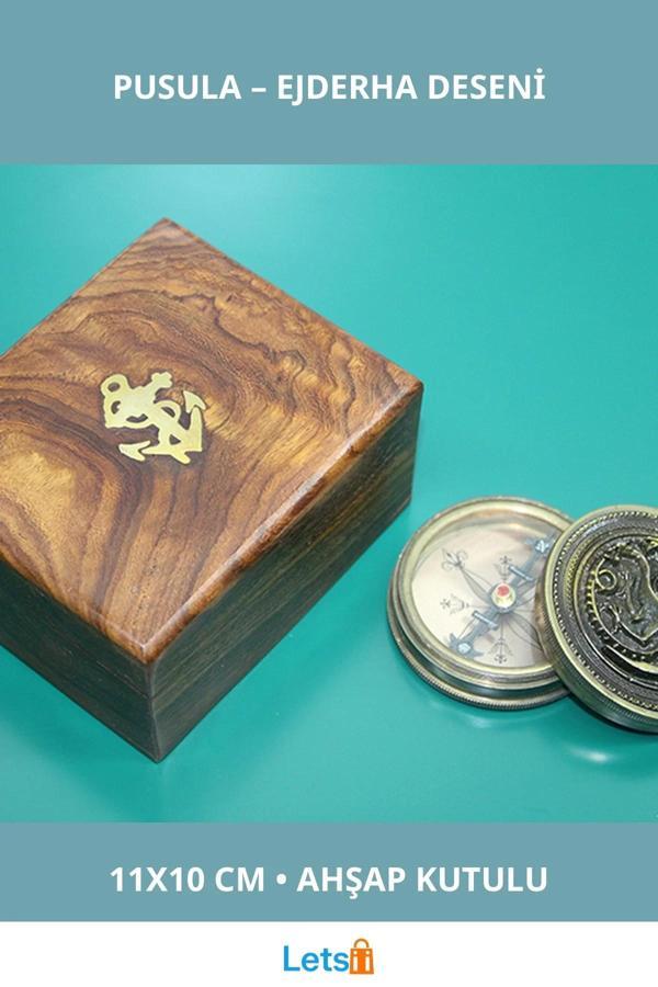 Ahşap Kutulu Ejderha Desenli Pirinç Pusula - Image 1
