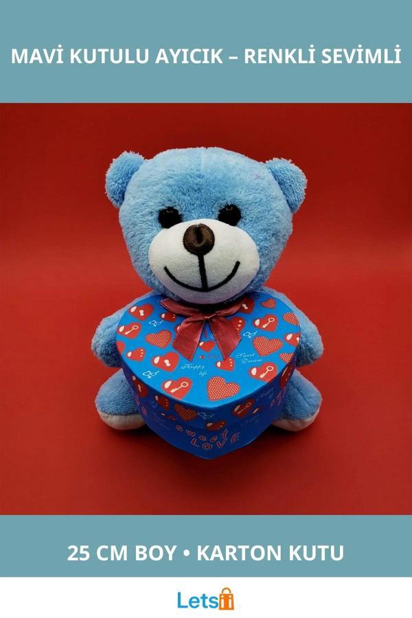 Yumuşak Peluş Mavi Kutulu Ayıcık 25 cm Hediye - Image 1