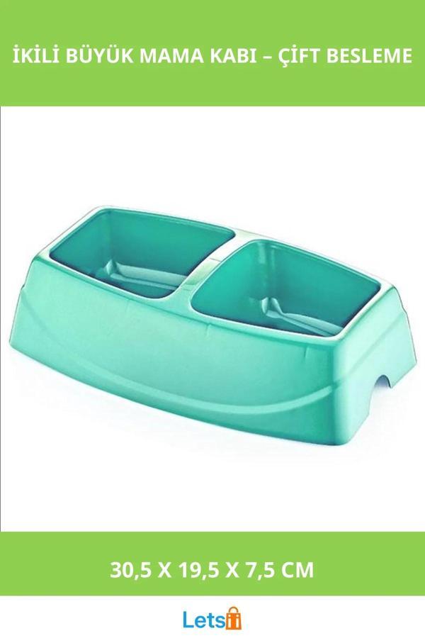 İkili Büyük Plastik Mama Kabı Mor Mavi Yeşil Pembe 30,5x19,5x7,5 cm - Image 1