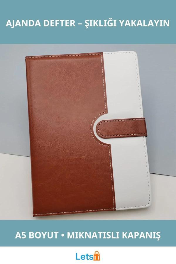 Kahverengi Beyaz Mıknatıslı Termo Deri A5 Tarihsiz Ajanda Defter - Image 1