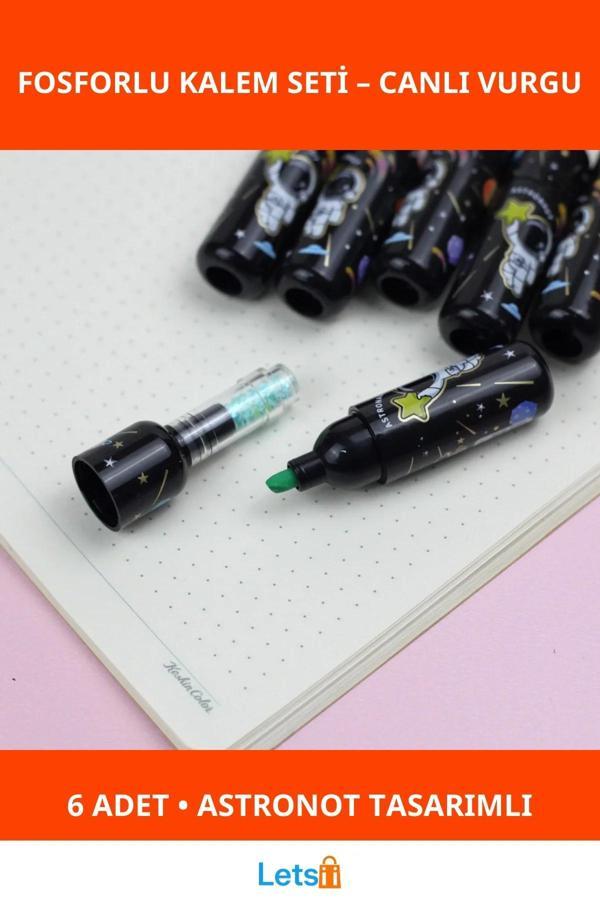 Astronot Desenli Fosforlu Kalem Seti 6 Adet - Image 1