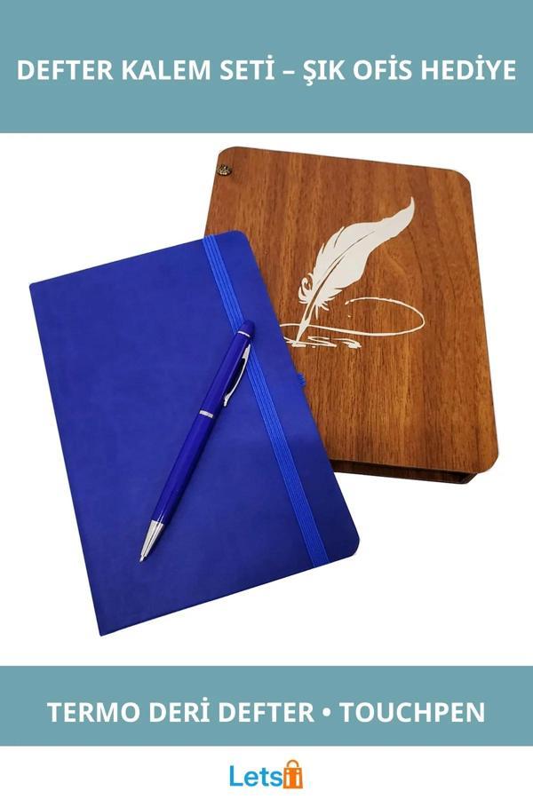 Ahşap Kutulu Termo Deri Defter ve Metal Kalem Seti - Image 1