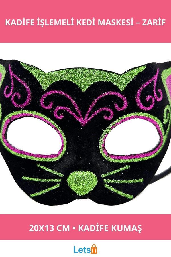 Siyah Kadife İşlemeli Kedi Maskesi 20x13 cm - Image 1
