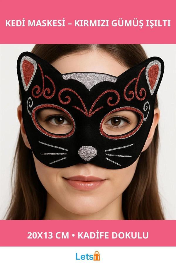 Kadife Dokulu Kedi Maskesi Kırmızı Gümüş Detaylı - Image 1