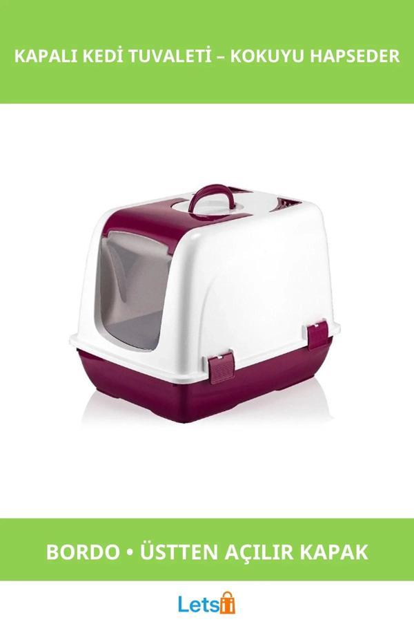 Üstten Açılır Kapalı Kedi Tuvaleti Bordo 37x40x40 - Image 1