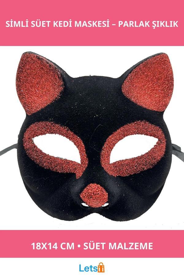 Siyah Kırmızı Simli Süet Kedi Maskesi 18x14 cm - Image 1