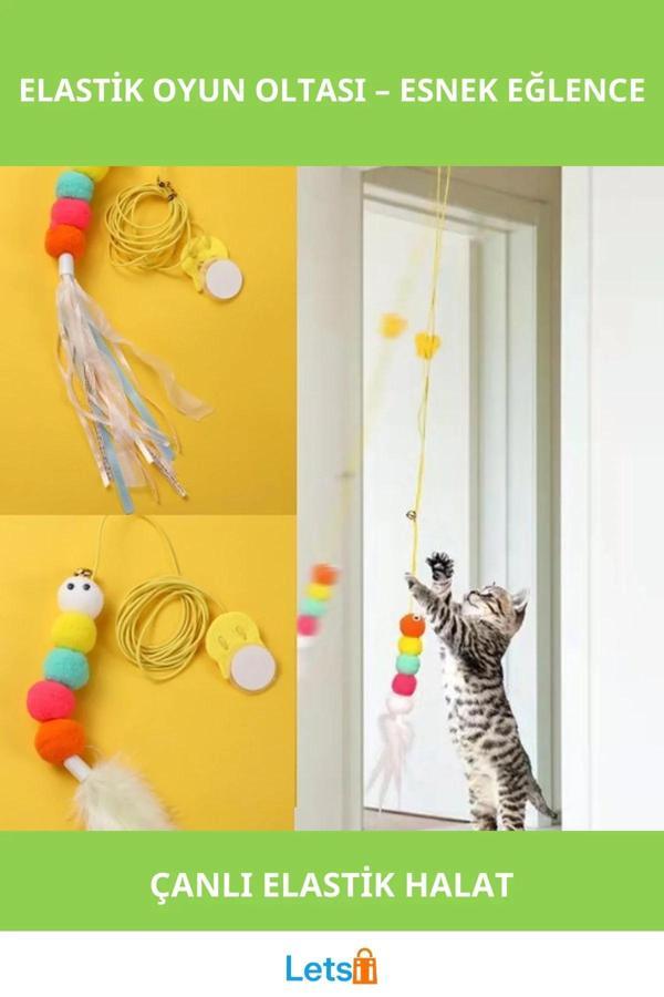 Elastik Yapışkanlı Kedi Oyun Oltası Çanlı Eğlenceli Oyun - Image 1