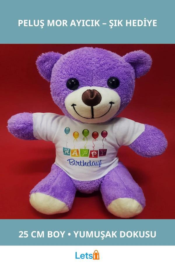 Happy Birthday Tişörtlü Mor Peluş Ayıcık 25 cm - Image 1