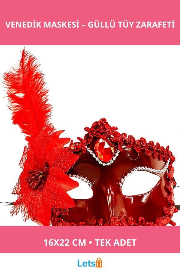 Kırmızı Güllü ve Tüylü Dekoratif Venedik Maskesi 16x22 cm - Image 1