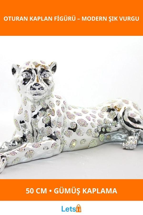 Polyester Oturan Kaplan Figürü 50 cm Gümüş Renk Dekoratif Obje - Image 1