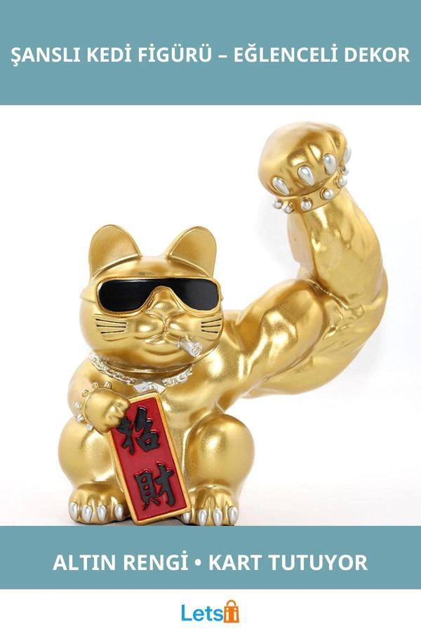 Altın Renkli Polyester Şanslı Kedi Figürü Elinde Şans Kartı ve Sigara İle Dekoratif Aksesuar - Image 1