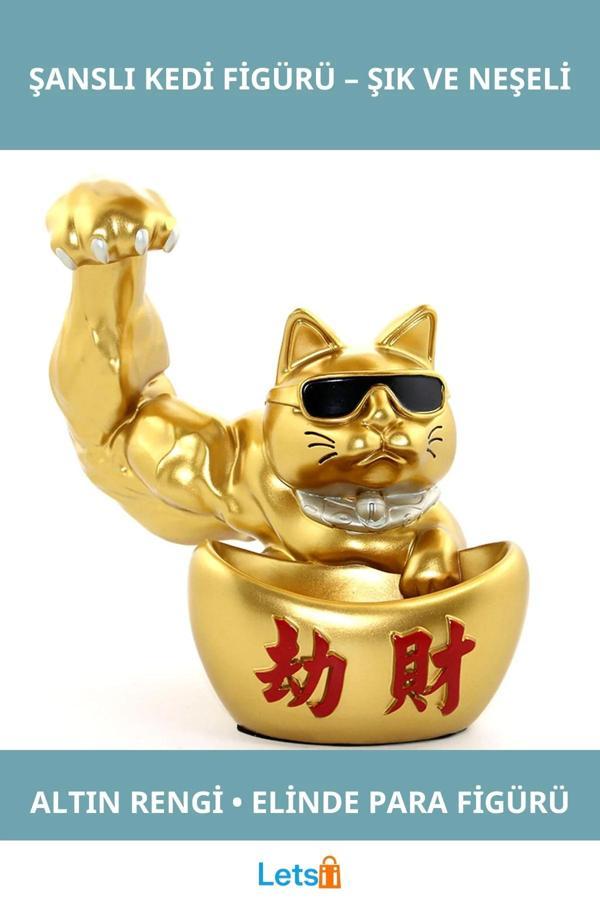 Altın Renk Şanslı Kedi Figürü Eğlenceli Dekoratif Aksesuar - Image 1