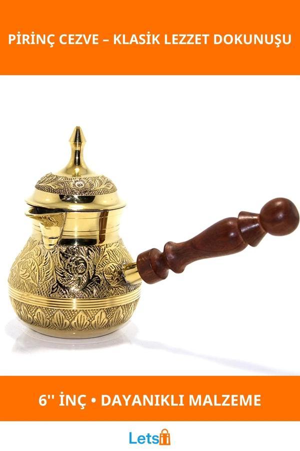 Klasik Pirinç Cezve 6 İnç Ahşap Saplı Kahve Pişirme - Image 1