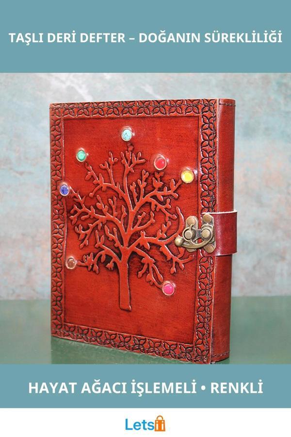 Hayat Ağacı Figürlü Taşlı Deri Defter 20x15 cm - Image 1
