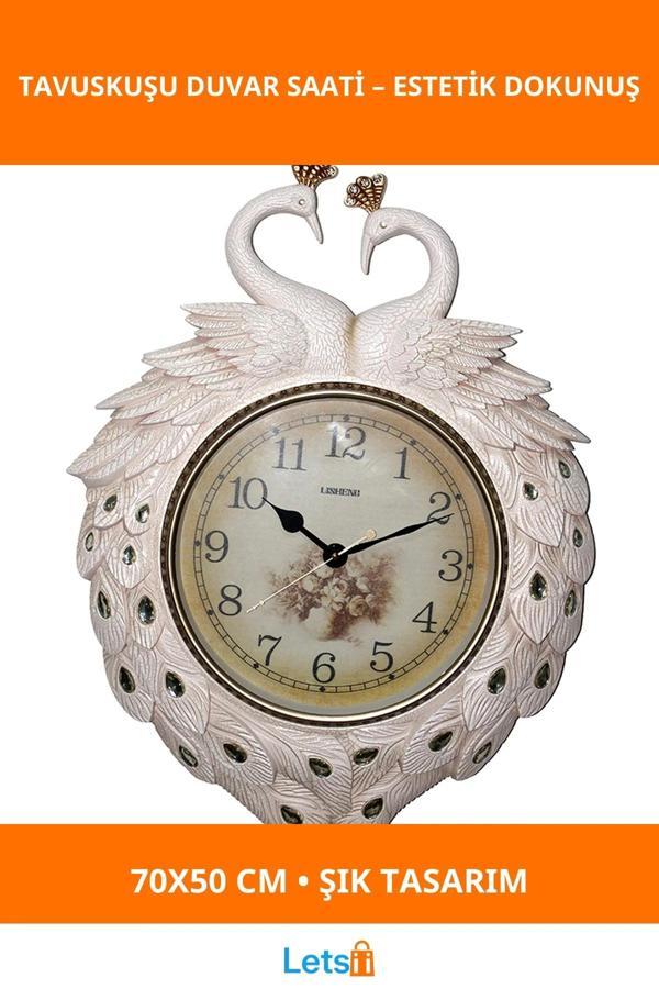 Tavuskuşu Tasarımlı Şık Duvar Saati 70x50 cm - Image 1