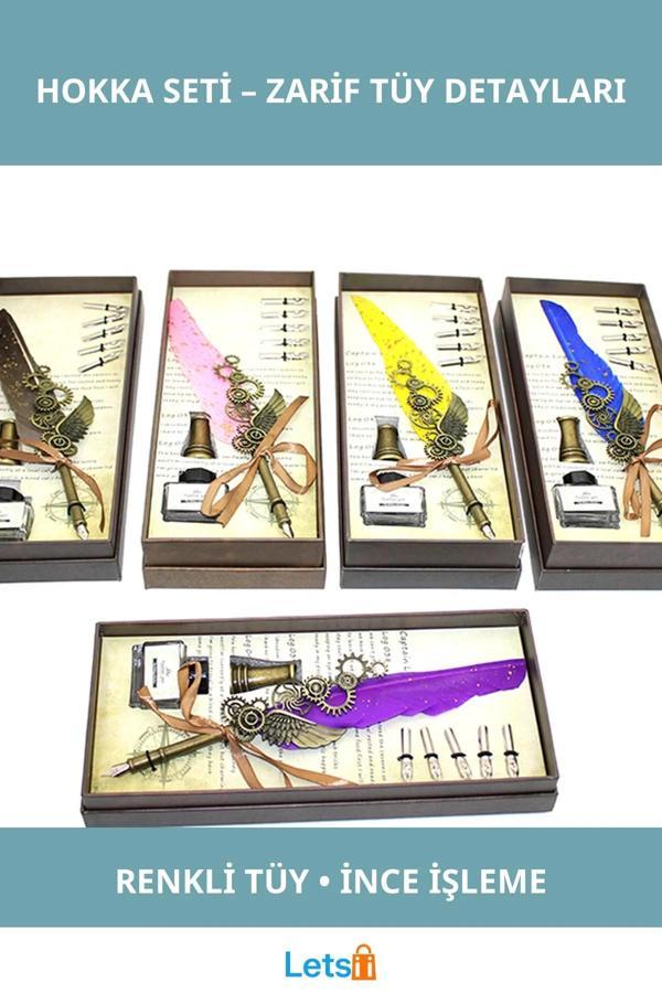 Renkli Tüy İşlemeli Divit Hokka Kalem Seti - Image 1