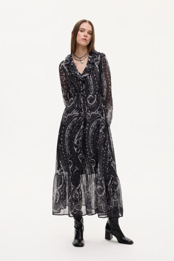 Ziley Quzu Etnik Desenli Volan Yaka Uzun Elbise Siyah - Image 1