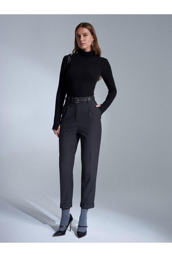 Dilvin 72213 Kıvrık Paça Kemerli Pantolon-Antrasit - Image 1
