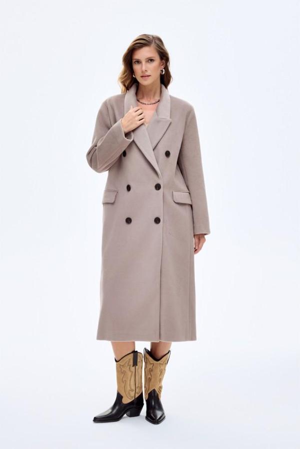 Quzu Vatkalı Yırtmaçlı Uzun Kaşe Kaban Vizon - Image 1