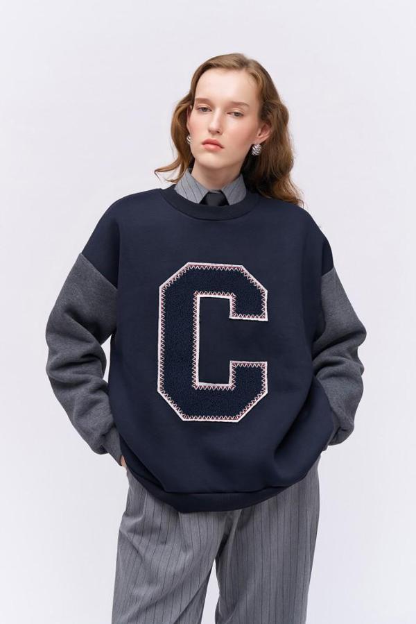 Ziley Quzu Keçe Baskı Detaylı Sweatshirt Lacivert - Image 1