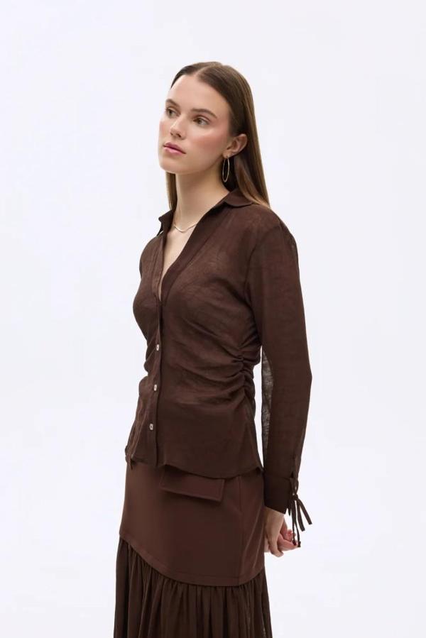 Ziley Büzgülü Bağcık Detaylı Transparan Gömlek Kahverengi - Image 1