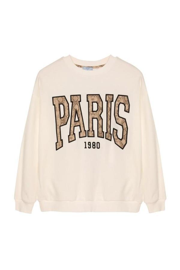 Ziley Quzu PARİS Nakış Detaylı Sweatshirt Ekru - Image 1