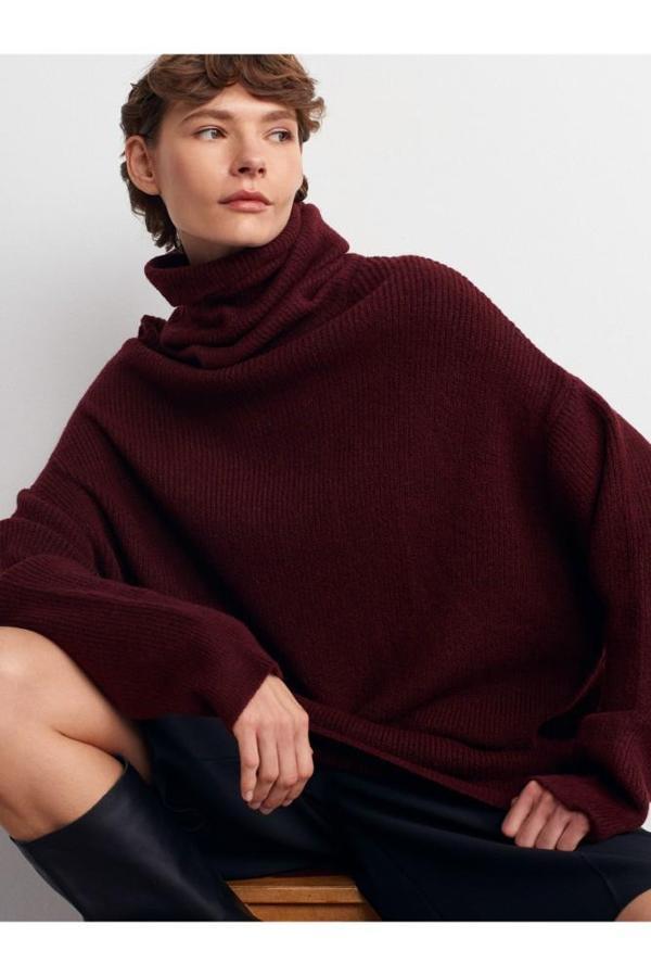 Dilvin 2268 Balıkçı Yaka Oversize Kazak-Koyu Bordo - Image 1