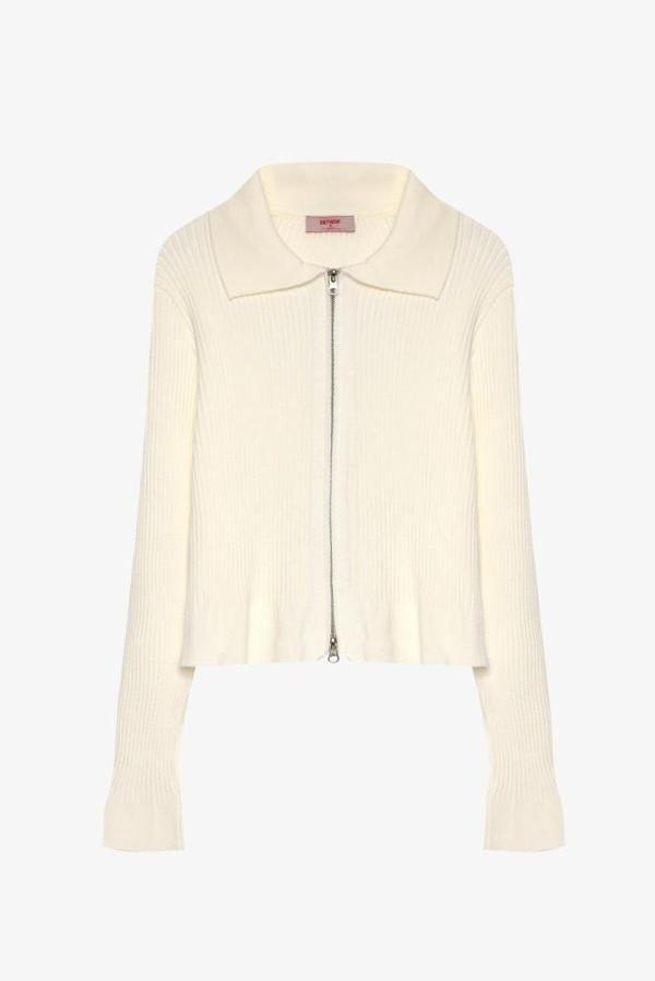 Quzu Hakim Yaka Fermuarlı Triko Ekru - Image 1
