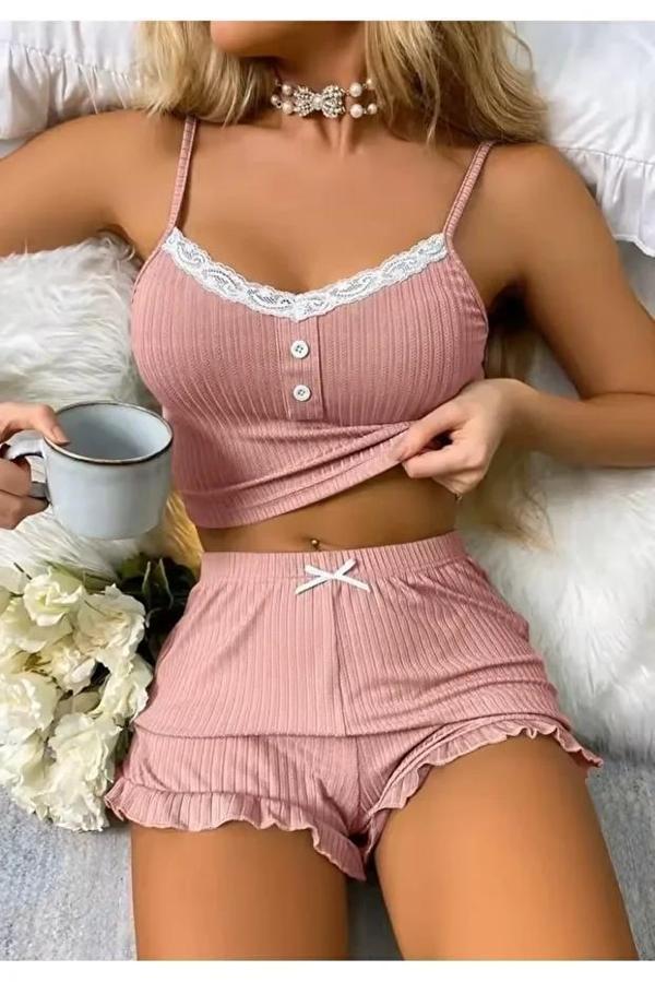 Kadın Pudra Dantel Detaylı Şortlu Gecelik Pijama Takımı 5015 - Image 1