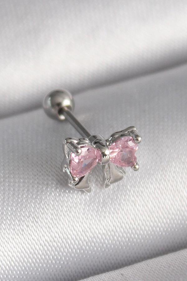 316L Çelik Gümüş Renk Pembe Zirkon Taşlı Fiyonk Tragus Piercing - Image 1