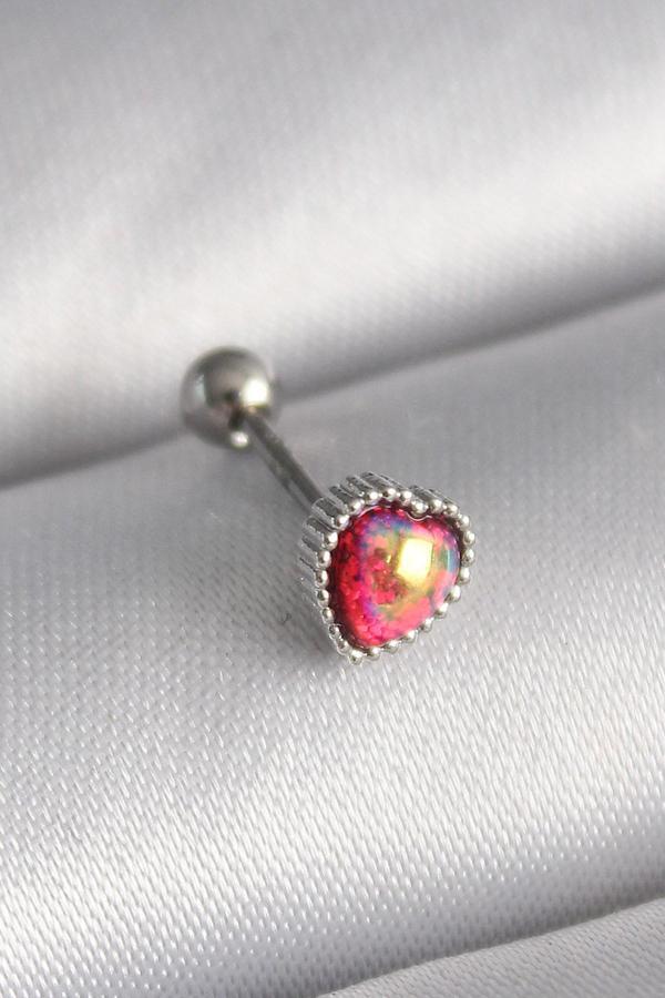 316L Çelik Gümüş Renk Kırmızı Mineli Kalp Tragus Piercing - Image 1