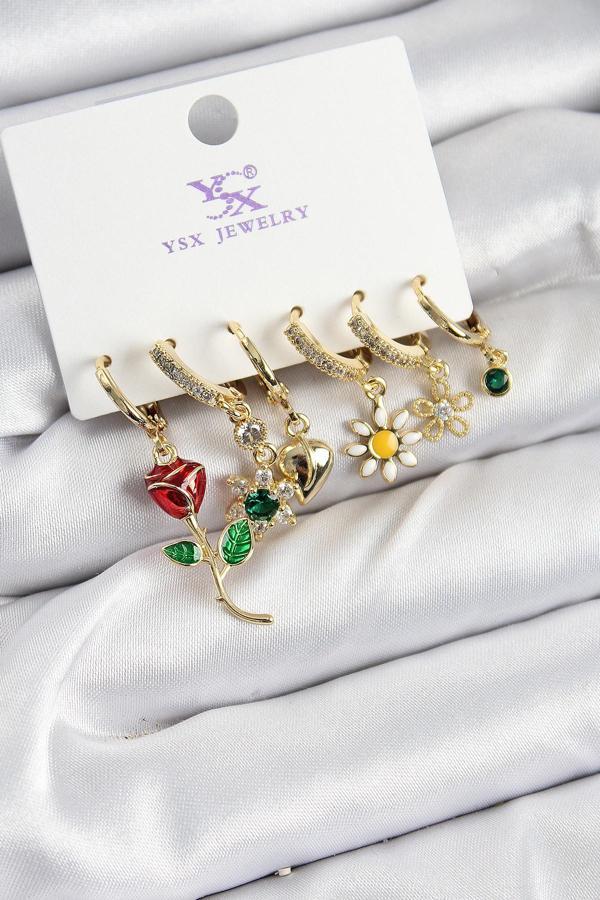 Pirinç Zi̇rkon Taşlı Gül Ve Renk 3'Lü Çift Kadın Küpe - Image 1