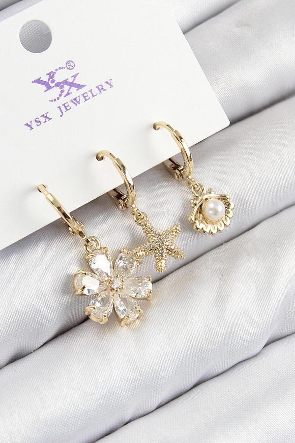 Pirinç Zirkon Taşlı 3'Lü İstiridye Ve Çiçek Renk Kadın Küpe - Image 1