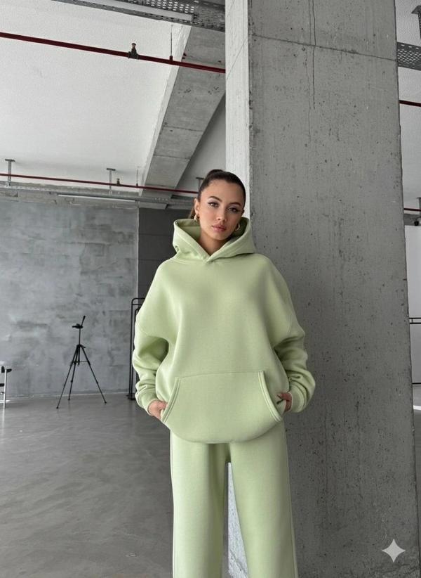 3 iplik şardonlu kapşonlu sweatshirt mint p510436 - Image 1