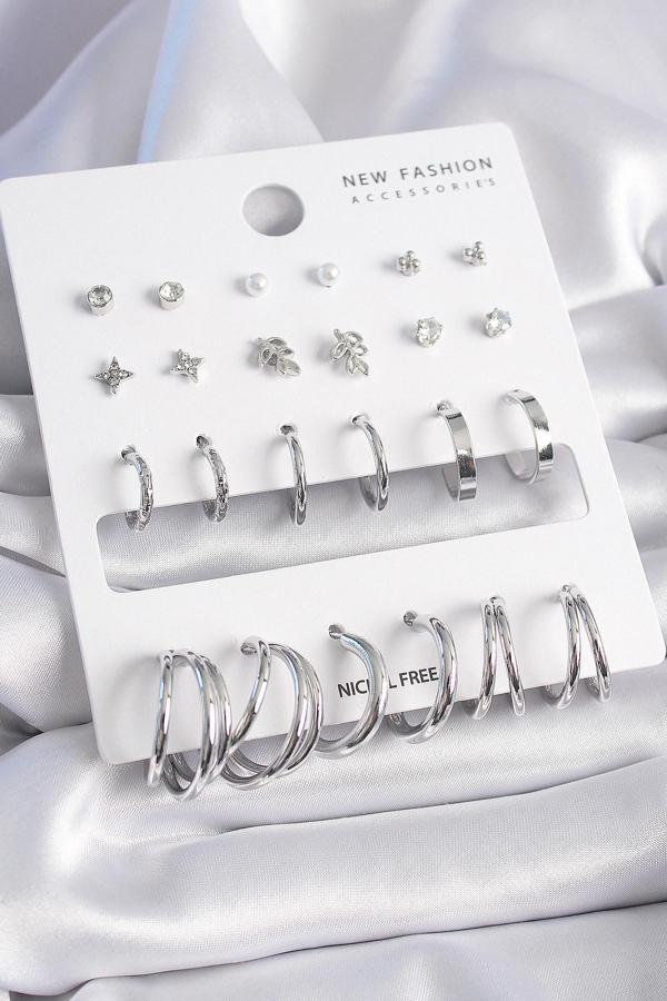 Pirinç Gümüş Renk Zirkon Taşlı 12 Çift Küpe Seti - Image 1