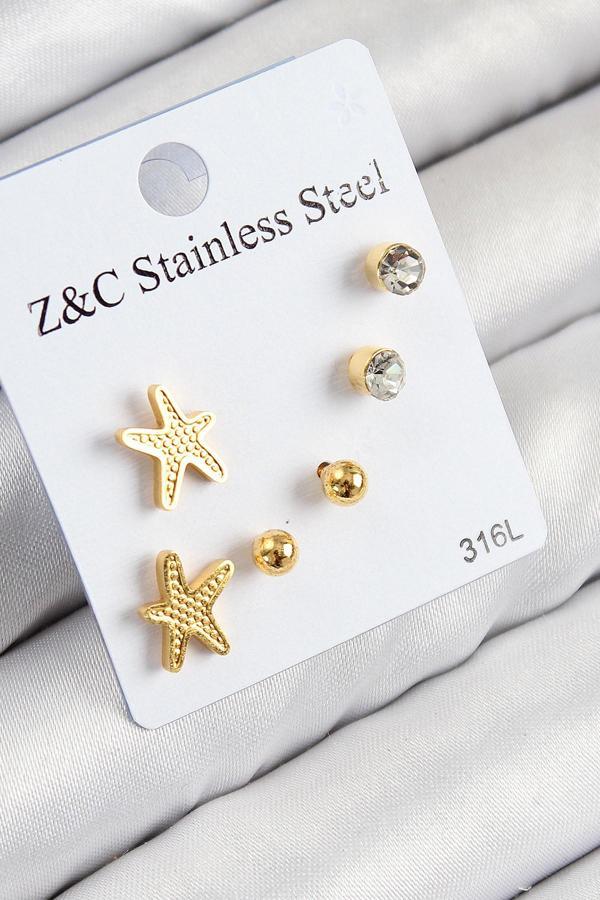 316L Çelik Zirkon Taşlı Deniz Yıldızı Gümüş Renk Kadın Set Küpe - Image 1