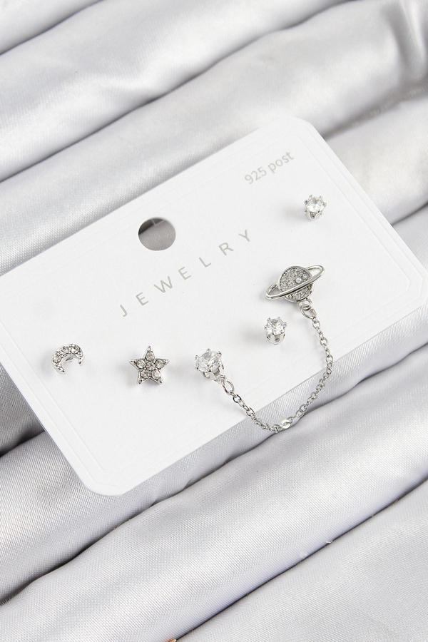 Pirinç Zirkon Taşlı Yıldız Ve Gezegen Gümüş Renk 925 Ayar Gümüş Çivi Kadın Küpe Set - Image 1