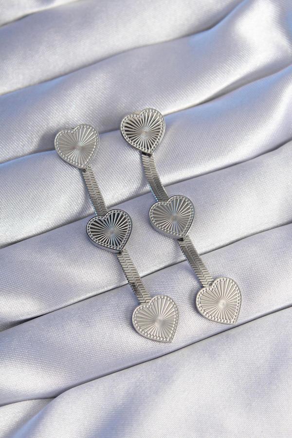 316L Çelik Gümüş Renk Uzun İtalyan Zincir Detaylı Kalp Küpe - Image 1