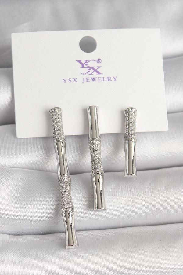 Pirinç Gümüş Renk Zirkon Taşlı Bambu 3'Lü Kadın Kombin Küpe - Image 1