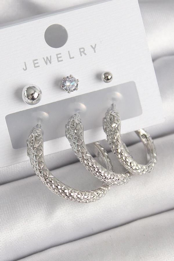 Pirinç Renk Zirkon Taş Detaylı Halka Yılan Kadın Küpe Seti - Image 1