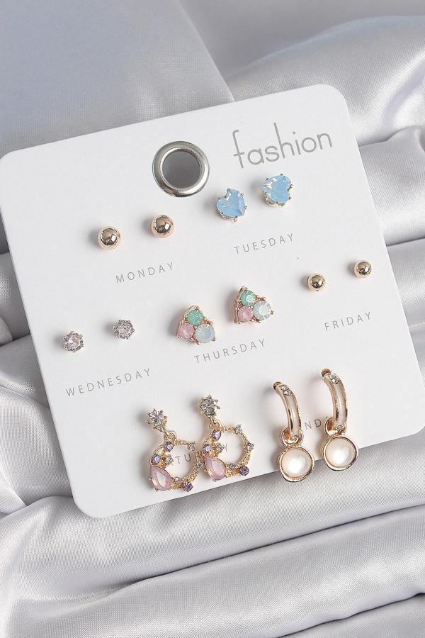 Pirinç Renk Zirkon Taşlı Sallantı Halka Figür Kalp Detay 7 Çift Kadın Küpe - Image 1