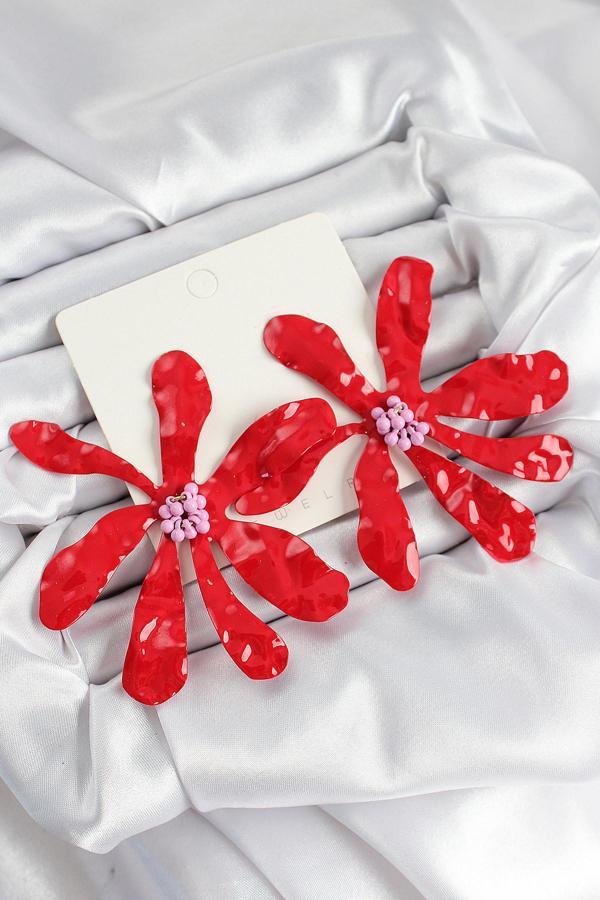 Pirinç Büyük Kırmızı Çiçek Kadın Küpe - Image 1