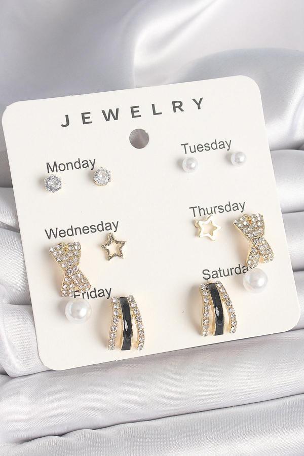 Pirinç Renk Zirkon Taş Yıldız Detaylı İncili 7'Li Set Kadın Küpe Seti - Image 1