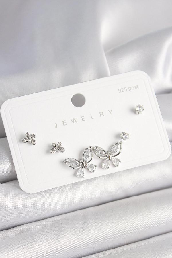 925 Ayar Gümüş Çivi Pirinç Gümüş Renk Zirkon Taşlı Kadın Küpe Seti - Image 1