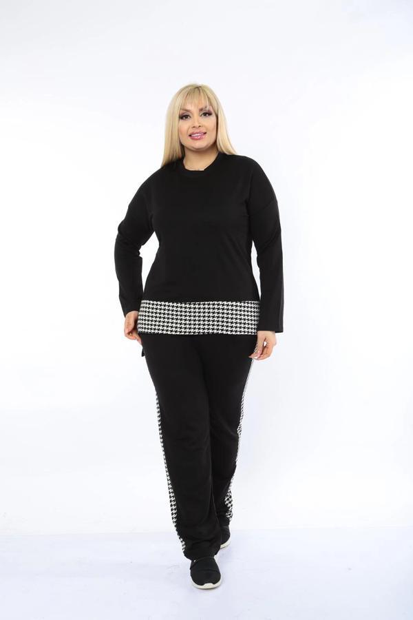 Kadın Siyah Kazayağı Desenli Büyük Beden Eşofman Takımı - Image 1