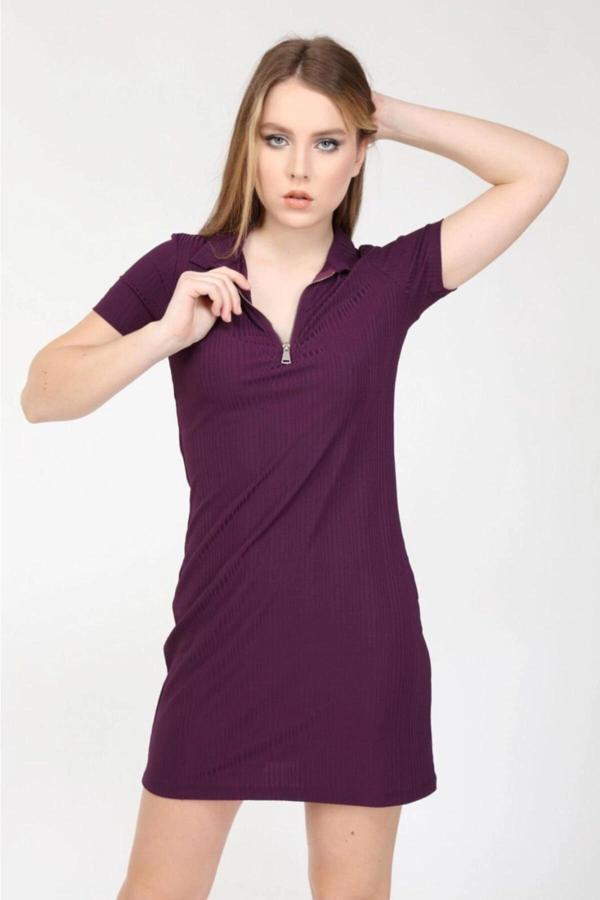Kadın Mor Fermuarlı Polo Yaka Kısa Kollu Midi Elbise 19elb318 - Image 1