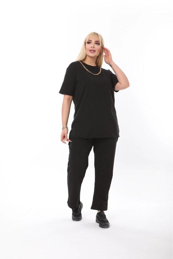 Büyük Beden Yaka Ve Cep Zincir Detaylı Kısa Kollu İkiiplik Takım - Image 1