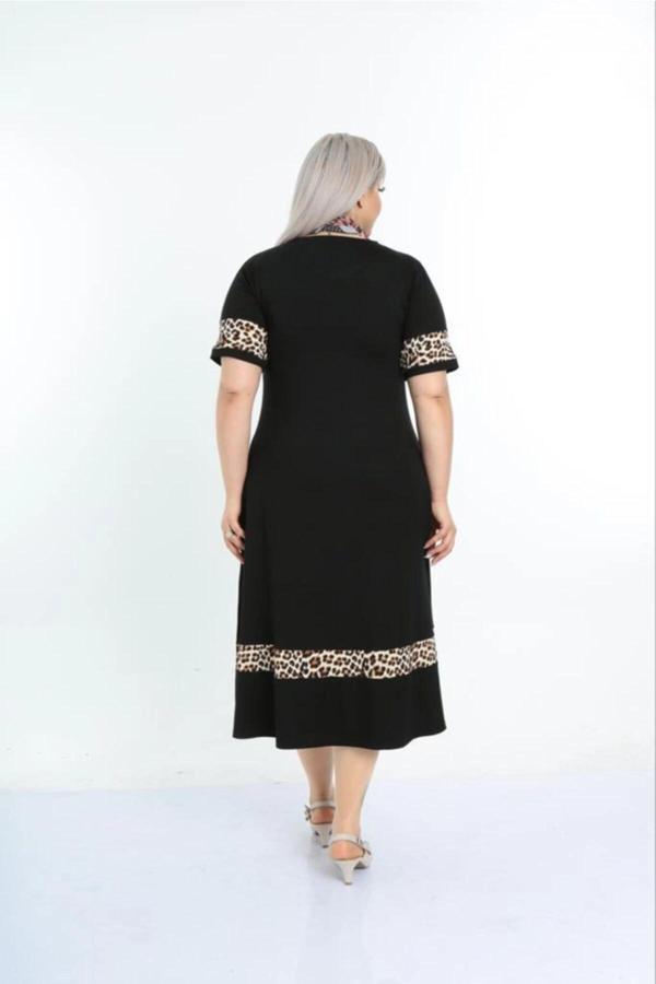 Kadın Siyah Kol ve Etek Ucu Leopar Desenli Büyük Beden Elbise - Image 1