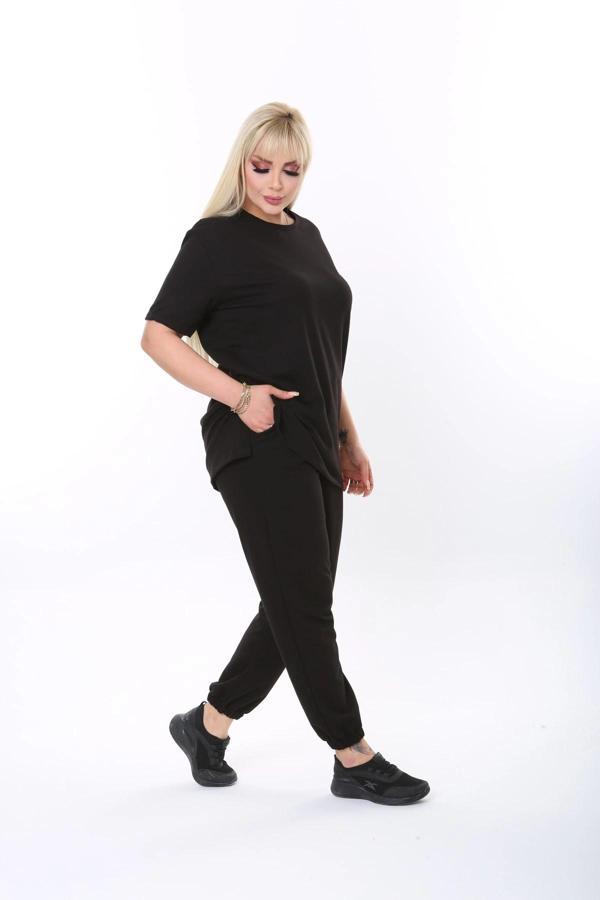 Büyük Beden Düz Renk Kısa Kollu Ikiiplik Kumaş Ikili Takım - Image 1