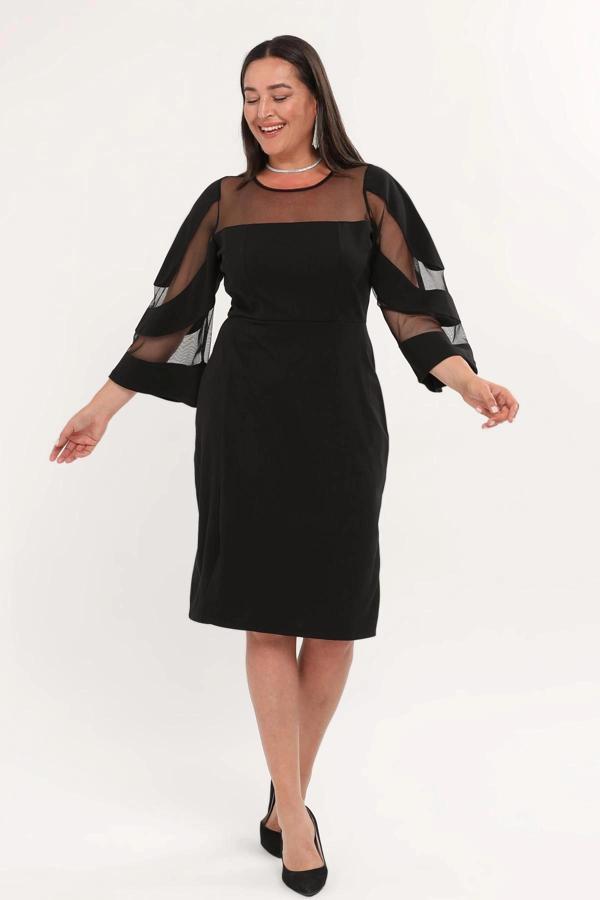 Büyük Beden Üst Ve Kol Tül Detaylı Yırtmaçlı Midi Boy Abiye Elbise - Image 1